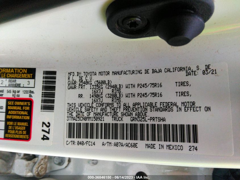 2021 TOYOTA TACOMA 2WD SR5 - 3TMAZ5CN0MM150921