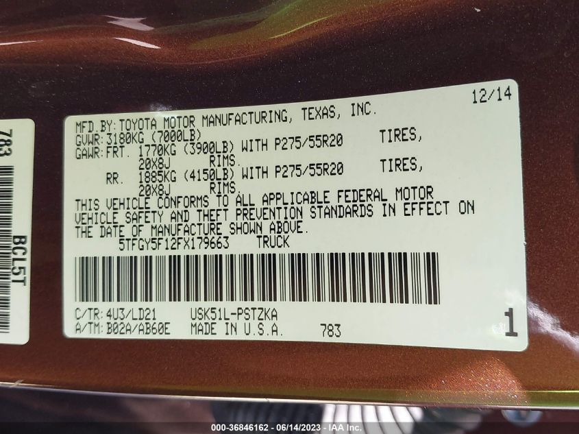 2015 TOYOTA TUNDRA 2WD TRUCK PLATINUM/1794 - 5TFGY5F12FX179663