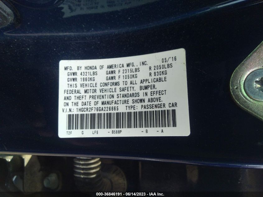 2016 HONDA ACCORD SEDAN EX - 1HGCR2F76GA226665