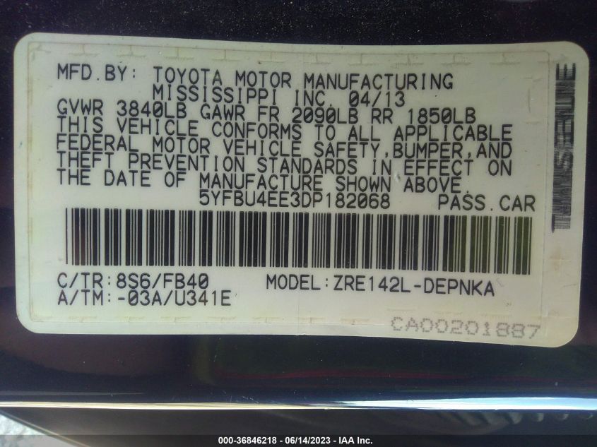 2013 TOYOTA COROLLA L/LE/S - 5YFBU4EE3DP182068