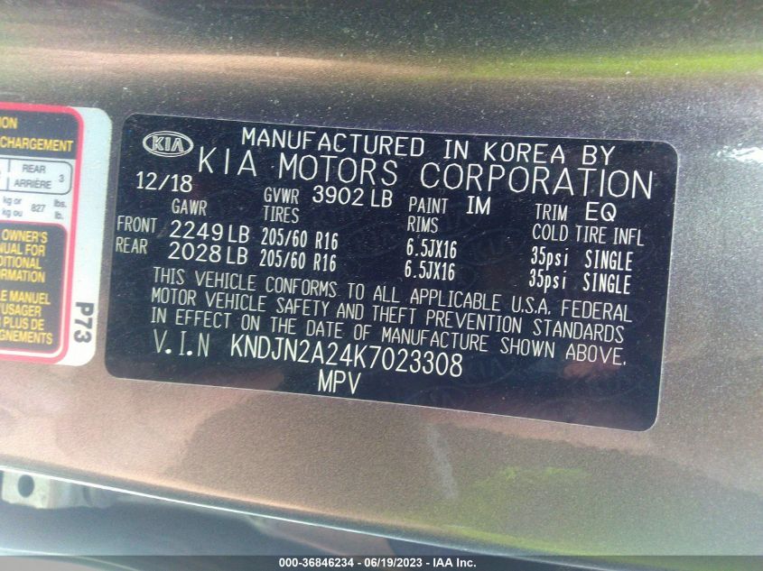 2019 KIA SOUL BASE - KNDJN2A24K7023308