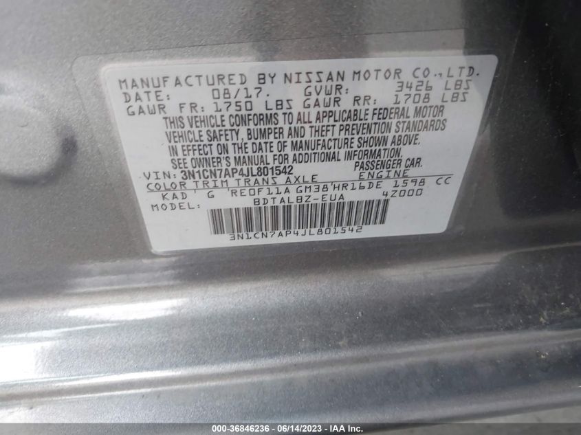 2018 NISSAN VERSA SEDAN SV - 3N1CN7AP4JL801542