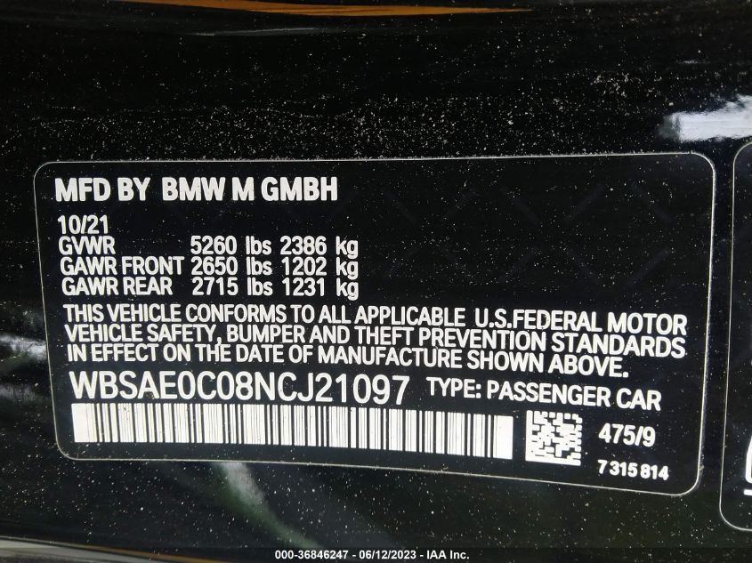2022 BMW M8 COMPETITION - WBSAE0C08NCJ21097