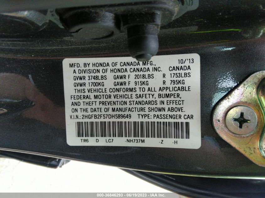 2013 HONDA CIVIC SDN LX - 2HGFB2F57DH589649