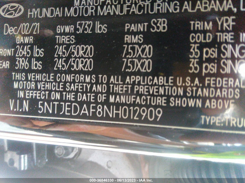 VIN 5NTJEDAF8NH012909 2022 HYUNDAI SANTA CRUZ LIMITED