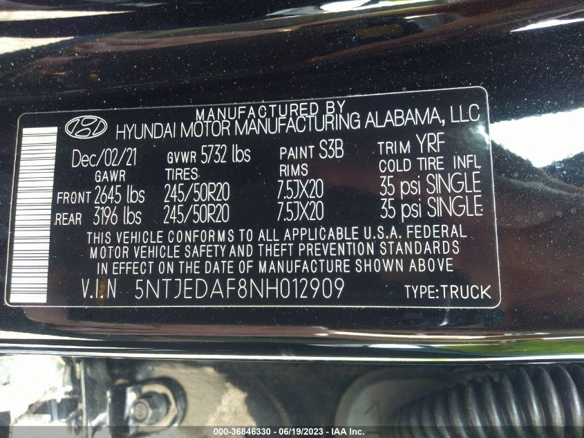 2022 HYUNDAI SANTA CRUZ LIMITED 5NTJEDAF8NH012909