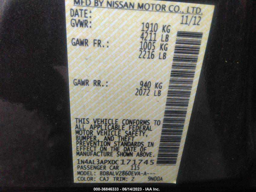 2013 NISSAN ALTIMA 2.5/S/SV/SL - 1N4AL3APXDC171745