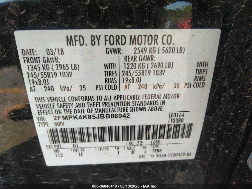 2FMPK4K85JBB86942 2018 FORD EDGE, photo no. 9