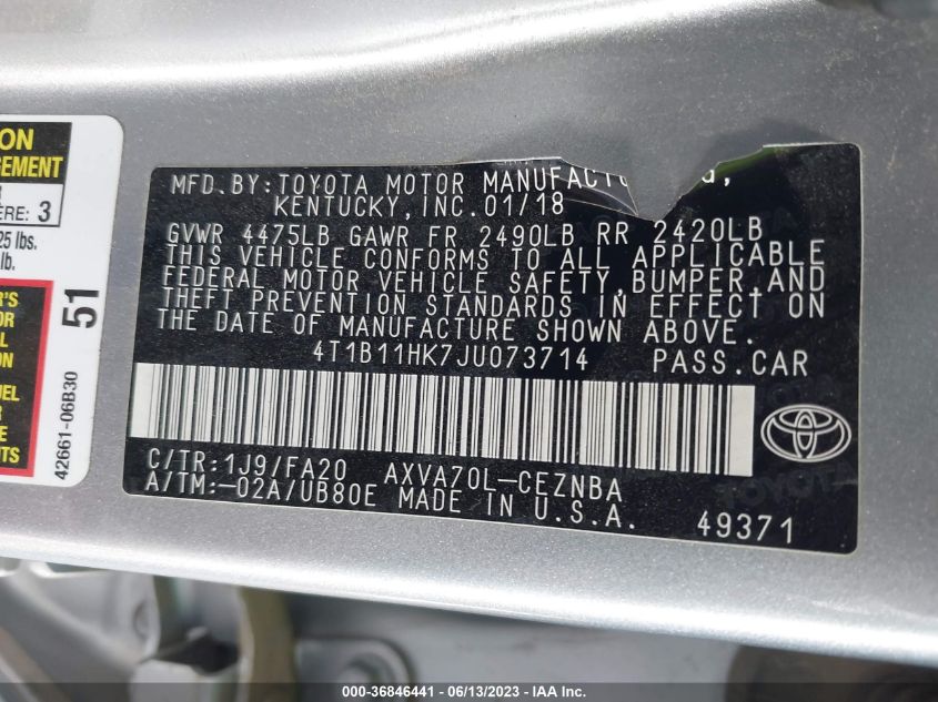 2018 TOYOTA CAMRY LE/SE/XLE/L - 4T1B11HK7JU073714