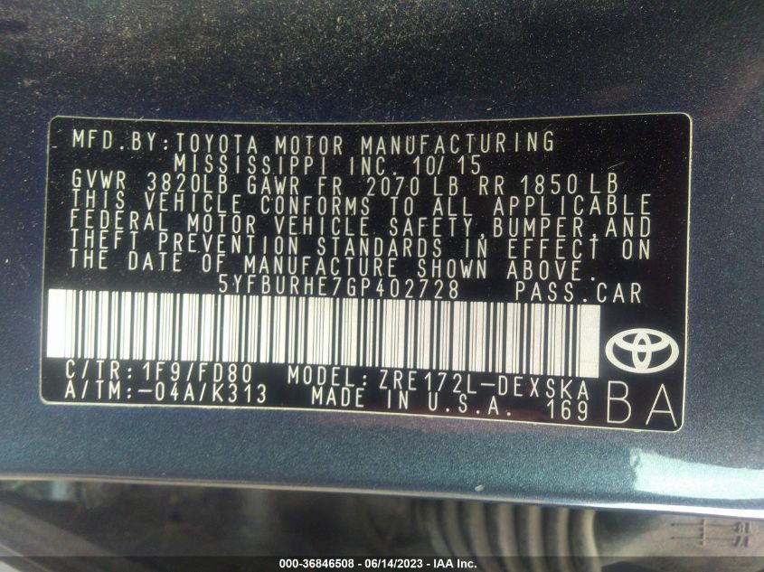 2016 TOYOTA COROLLA L/LE/S/S PLUS/LE PLUS - 5YFBURHE7GP402728