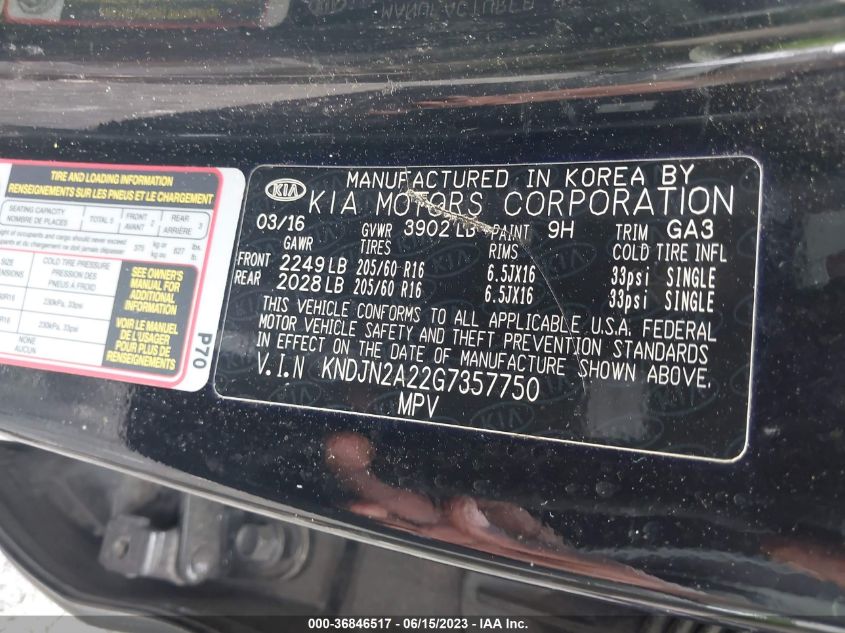 2016 KIA SOUL BASE - KNDJN2A22G7357750