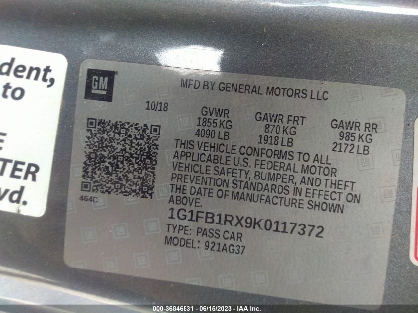 2019 CHEVROLET CAMARO LS/LT - 1G1FB1RX9K0117372
