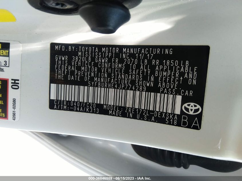 2018 TOYOTA COROLLA L/LE/XLE/SE/XSE - 5YFBURHE4JP774289