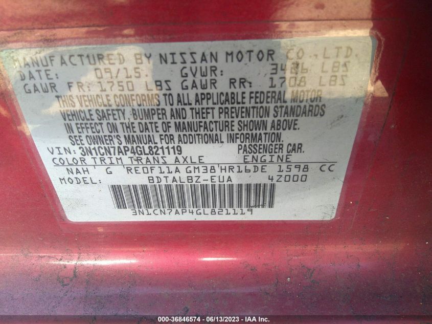 2016 NISSAN VERSA S/S PLUS/SL/SV - 3N1CN7AP4GL821119
