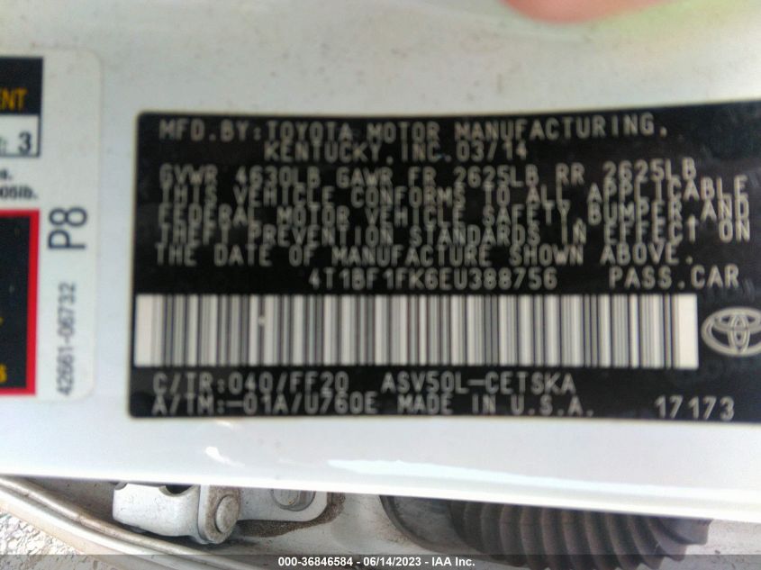 2014 TOYOTA CAMRY L/LE/XLE/SE/SE SPORT - 4T1BF1FK6EU388756
