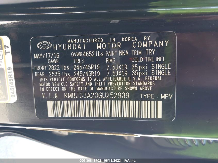 2016 HYUNDAI TUCSON LIMITED - KM8J33A20GU252939