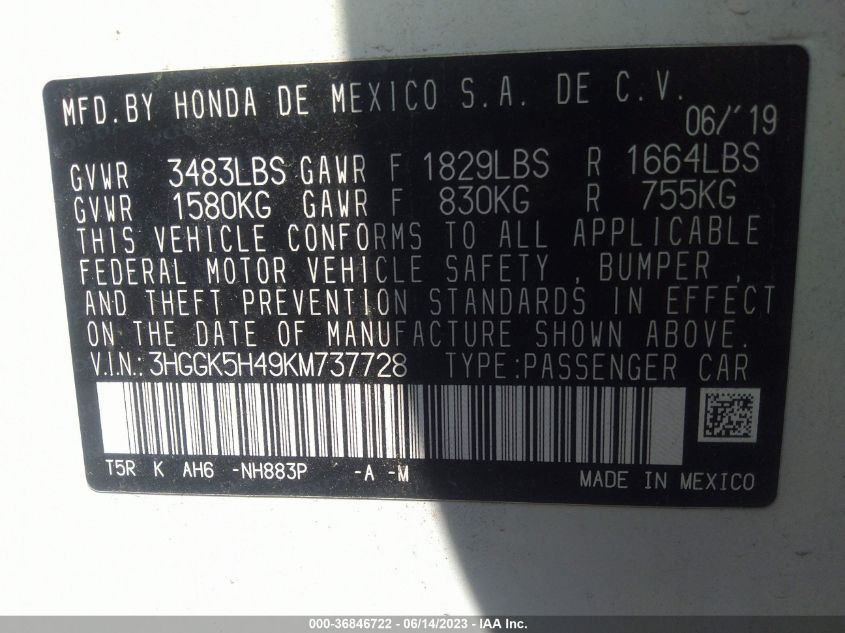 2019 HONDA FIT LX - 3HGGK5H49KM737728