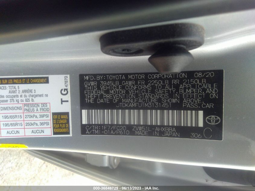 2021 TOYOTA PRIUS L - JTDKAMFU1M3131451