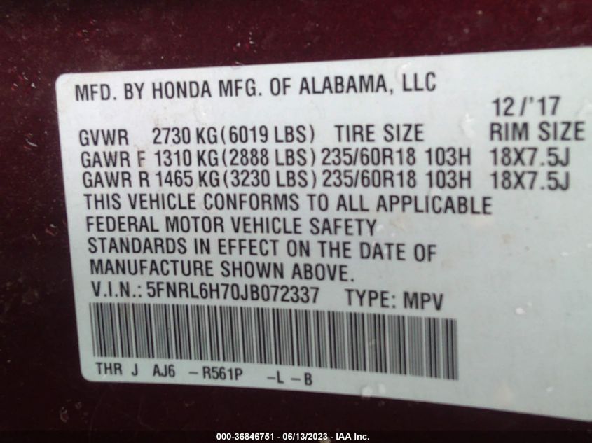 2018 HONDA ODYSSEY EX-L - 5FNRL6H70JB072337