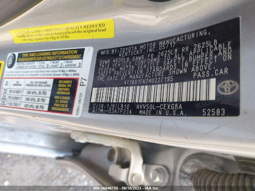 2017 TOYOTA CAMRY HYBRID XLE - 4T1BD1FK7HU227195