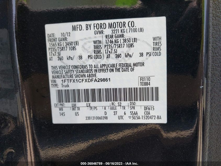 2013 FORD F-150 XL/STX/XLT/FX2/LARIAT - 1FTFX1CFXDFA29861