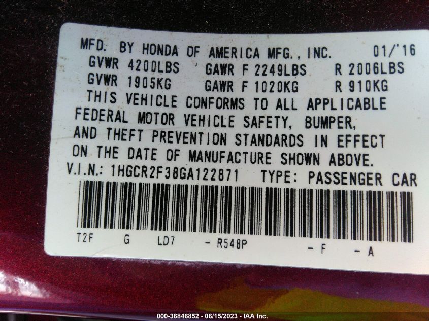 2016 HONDA ACCORD SEDAN LX - 1HGCR2F38GA122871