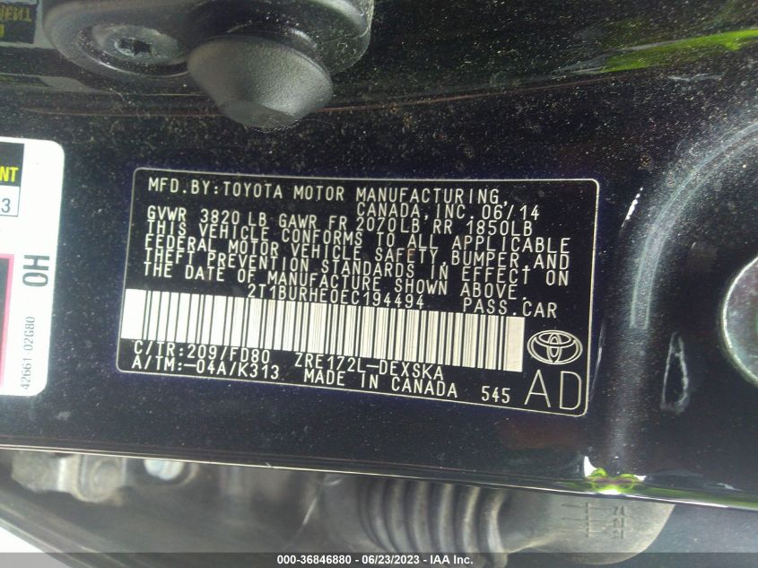 2014 TOYOTA COROLLA L/LE/S/S PLUS/LE PLUS - 2T1BURHE0EC194494