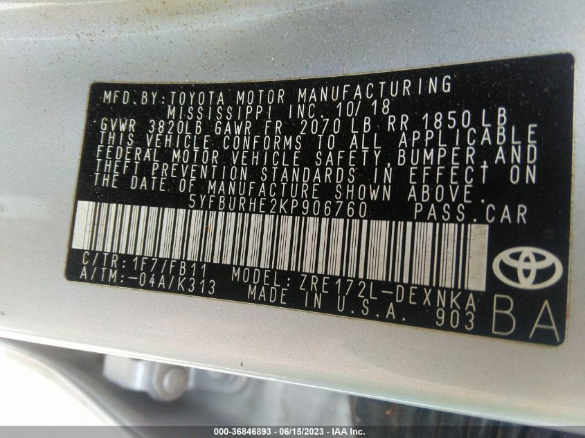 2019 TOYOTA COROLLA LE - 5YFBURHE2KP906760