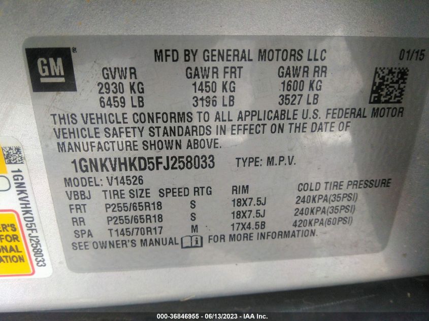 2015 CHEVROLET TRAVERSE LT - 1GNKVHKD5FJ258033