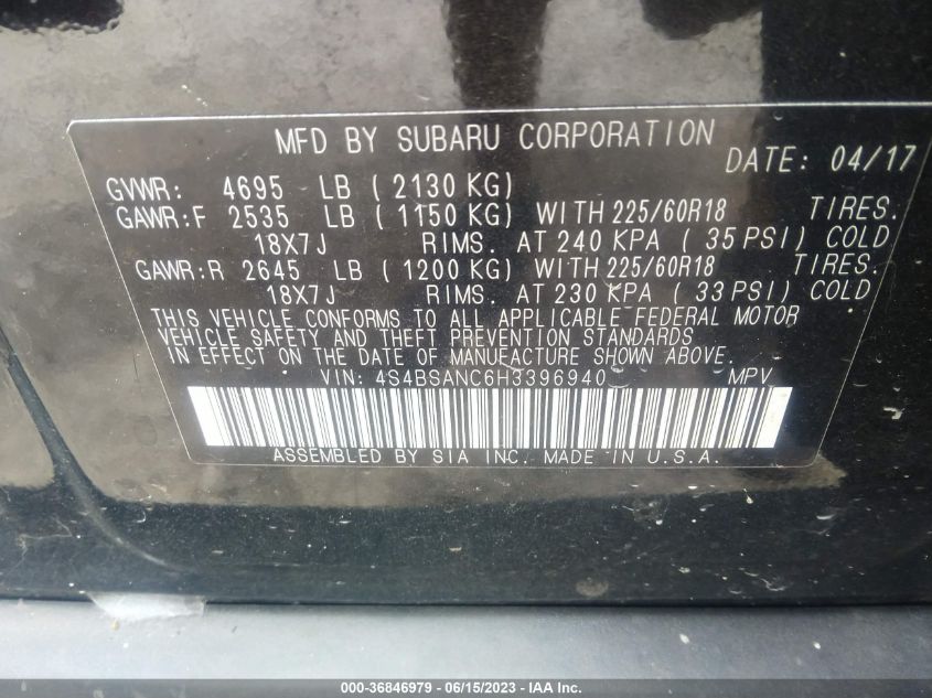 2017 SUBARU OUTBACK LIMITED - 4S4BSANC6H3396940