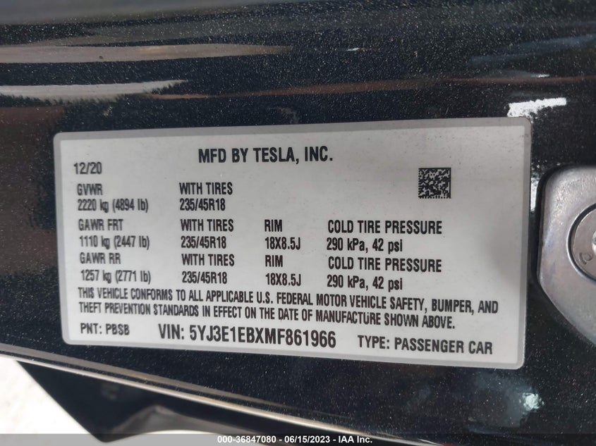 VIN 5YJ3E1EBXMF861966 2021 TESLA MODEL 3 LONG RANGE