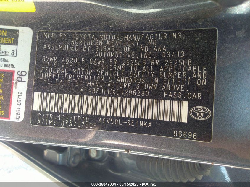 2013 TOYOTA CAMRY L/LE/SE/XLE - 4T4BF1FKXDR296280