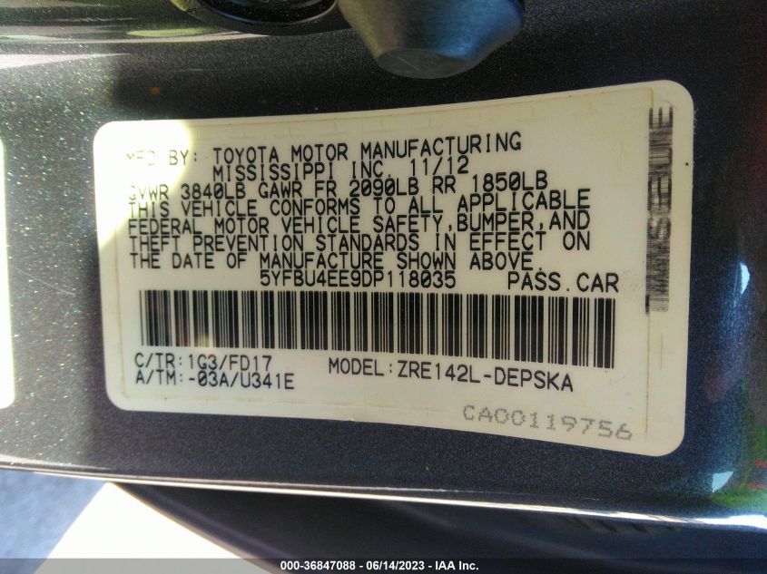 2013 TOYOTA COROLLA L/LE/S - 5YFBU4EE9DP118035