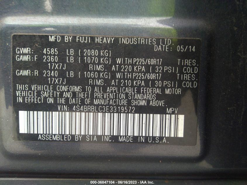 2014 SUBARU OUTBACK 2.5I LIMITED - 4S4BRBLC3E3319572