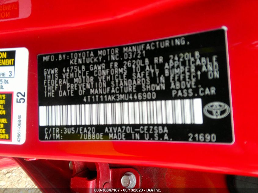2021 TOYOTA CAMRY SE - 4T1T11AK3MU446900