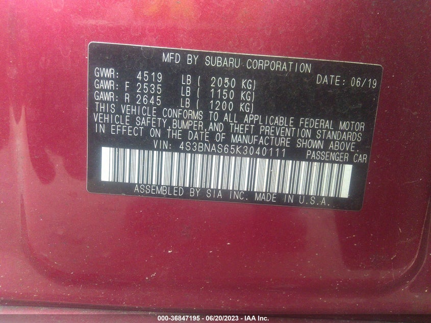 VIN 4S3BNAS65K3040111 2019 SUBARU LEGACY SPORT
