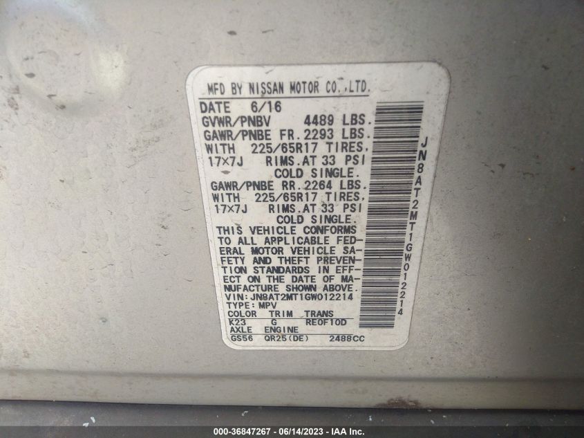 2016 NISSAN ROGUE S - JN8AT2MT1GW012214