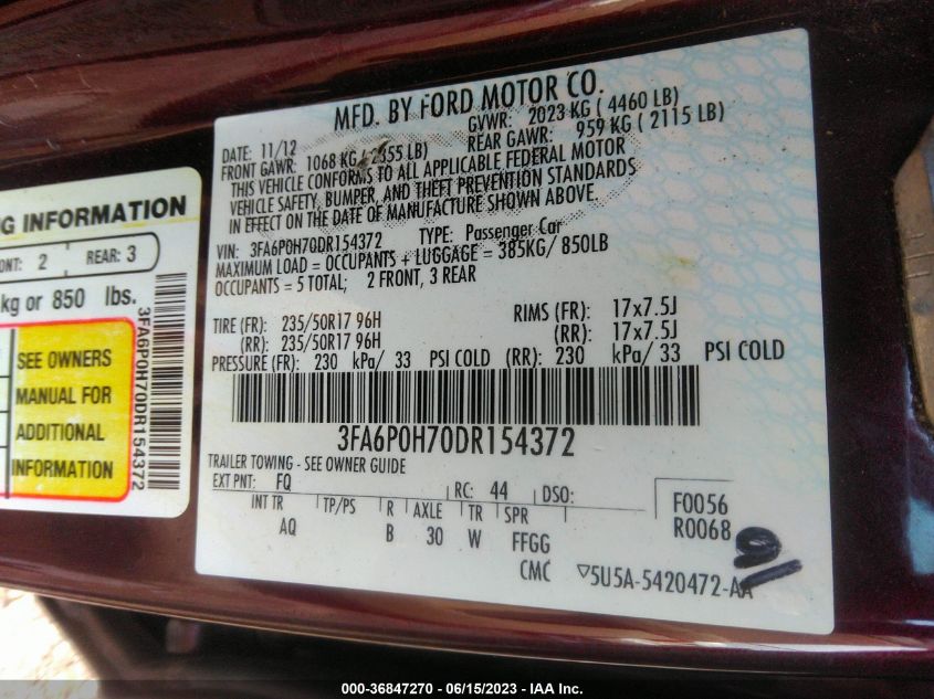 2013 FORD FUSION SE - 3FA6P0H70DR154372