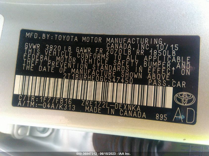 2016 TOYOTA COROLLA L/LE/S/S PLUS/LE PLUS - 2T1BURHE0GC547450