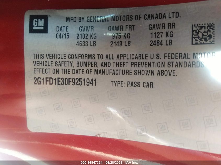 2015 CHEVROLET CAMARO LT - 2G1FD1E30F9251941