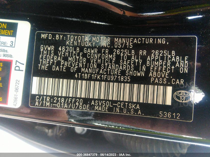 2015 TOYOTA CAMRY XLE/SE/LE/XSE - 4T1BF1FK1FU971835