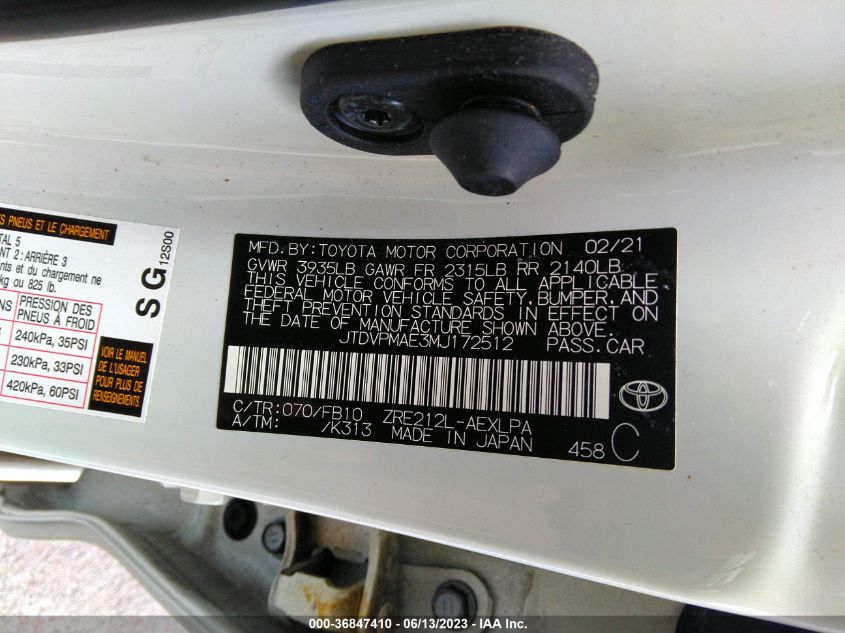 2021 TOYOTA COROLLA LE - JTDVPMAE3MJ172512