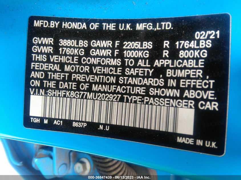2021 HONDA CIVIC TYPE R TOURING - SHHFK8G77MU202927
