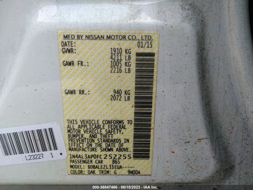 2015 NISSAN ALTIMA 2.5 - 1N4AL3AP0FC252255