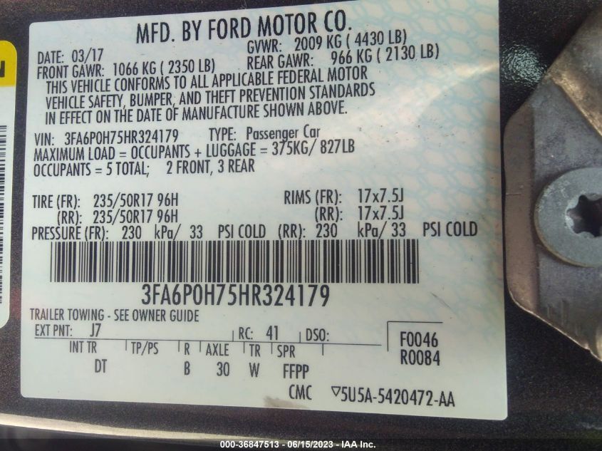 2017 FORD FUSION SE - 3FA6P0H75HR324179