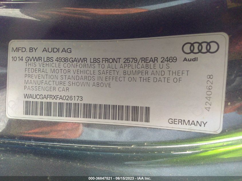2015 AUDI S5 PREMIUM PLUS WAUCGAFRXFA026173