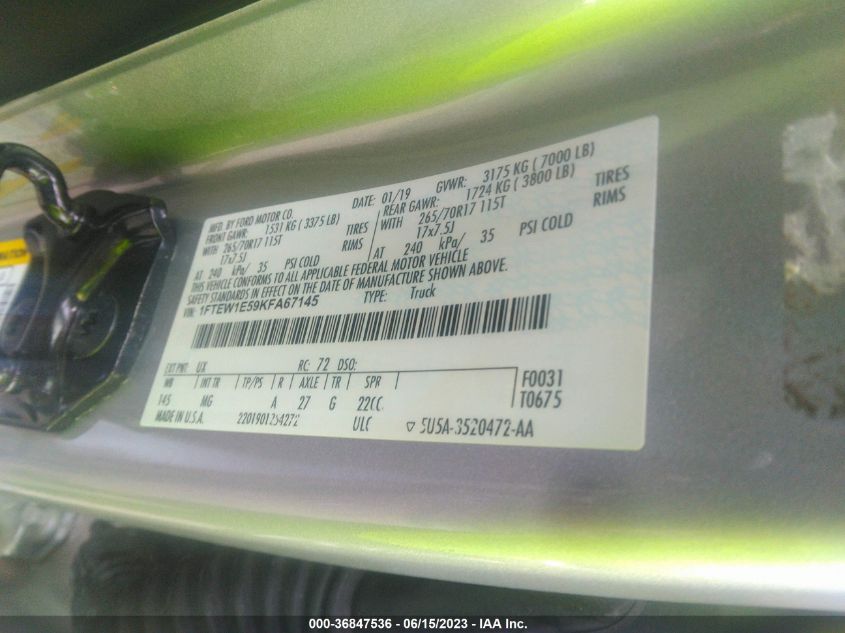 2019 FORD F-150 XL/XLT/LARIAT - 1FTEW1E59KFA67145