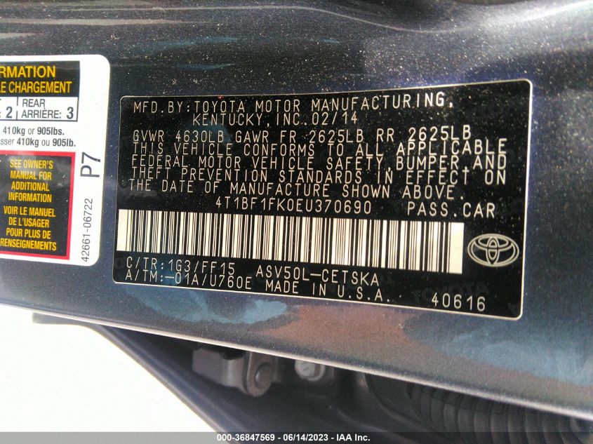 2014 TOYOTA CAMRY L/LE/XLE/SE/SE SPORT - 4T1BF1FK0EU370690