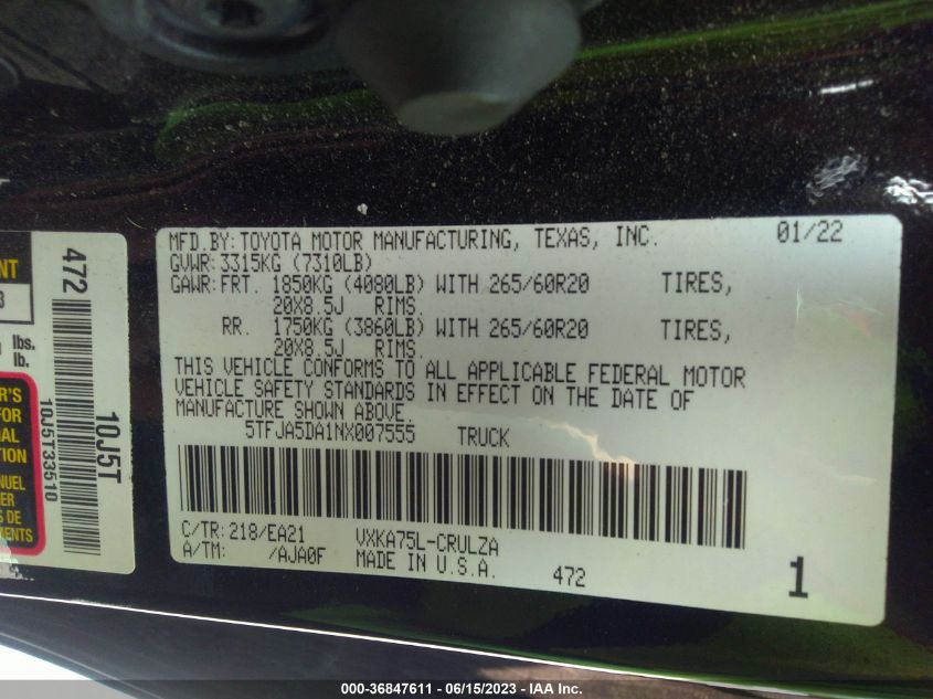 2022 TOYOTA TUNDRA 4WD LIMITED - 5TFJA5DA1NX007555