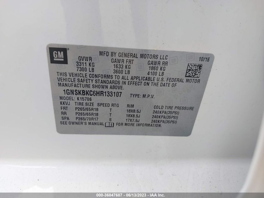 2017 CHEVROLET TAHOE LT - 1GNSKBKC6HR133107